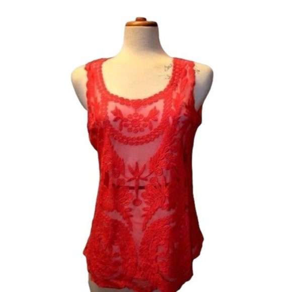 Universal Fashion Tops - Universal Fashion Women's Tank Top Pullover Sleeveless Sheer Lace Frontal Red Co
